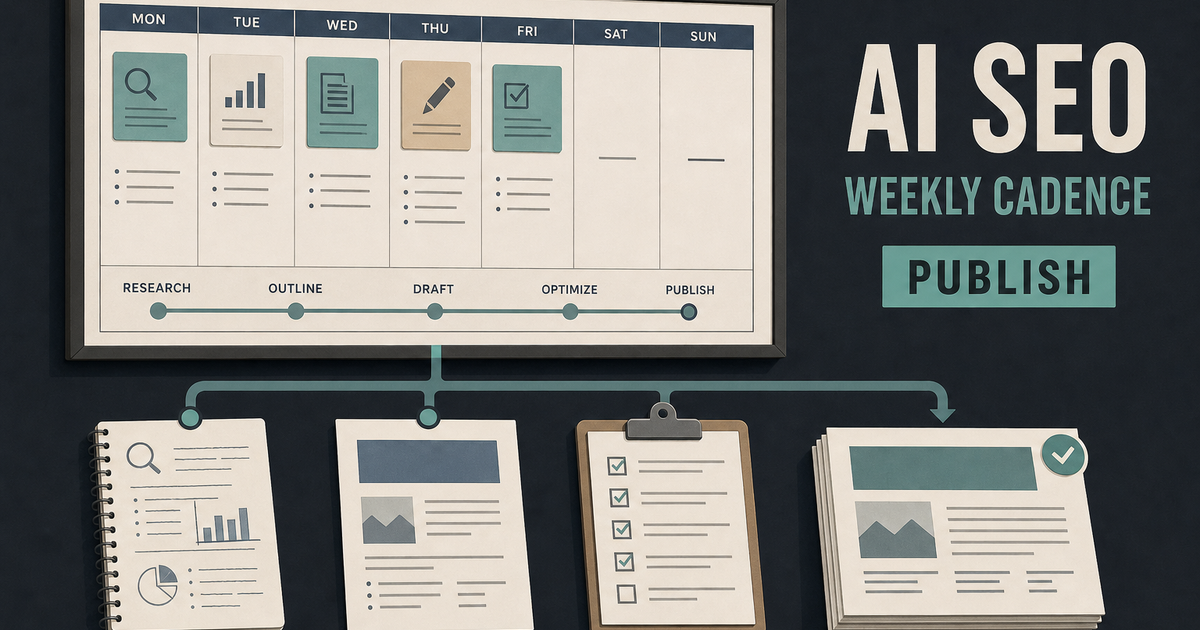 Weekly content pipeline board linking research notes, draft pages, optimization checks, and published articles in one cadence.