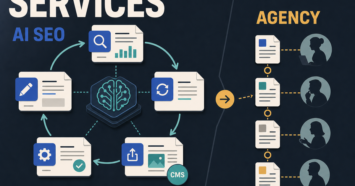 Split illustration of an automated SEO engine beside a manual agency workflow, showing the delivery choice behind the comparison.