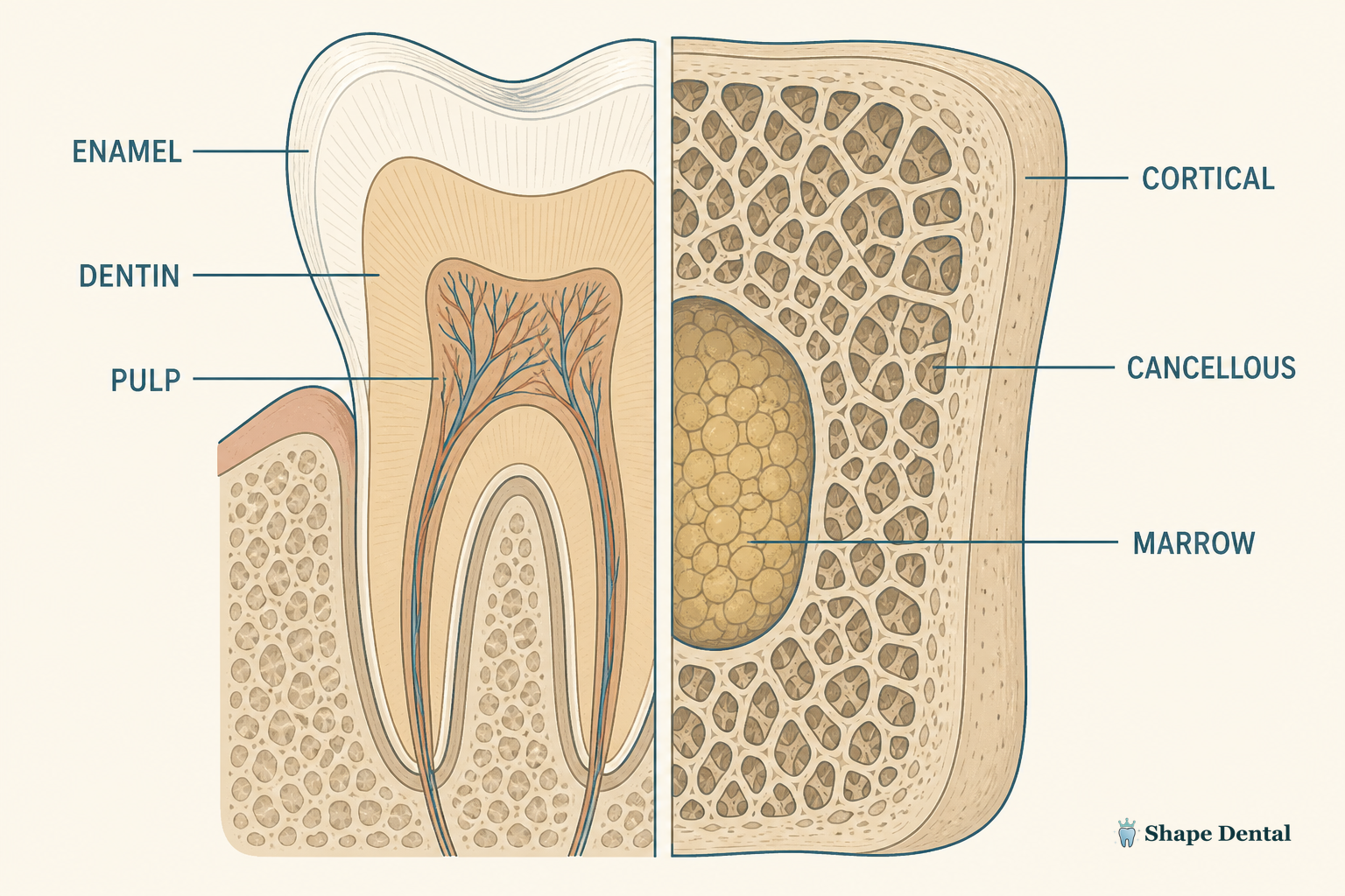 Are Teeth Bones? The Real Difference Between Enamel and Skeletal Tissue 1 Labeled cross-section of tooth layers (enamel, dentin, pulp) and bone layers (cortical, cancellous, marrow).