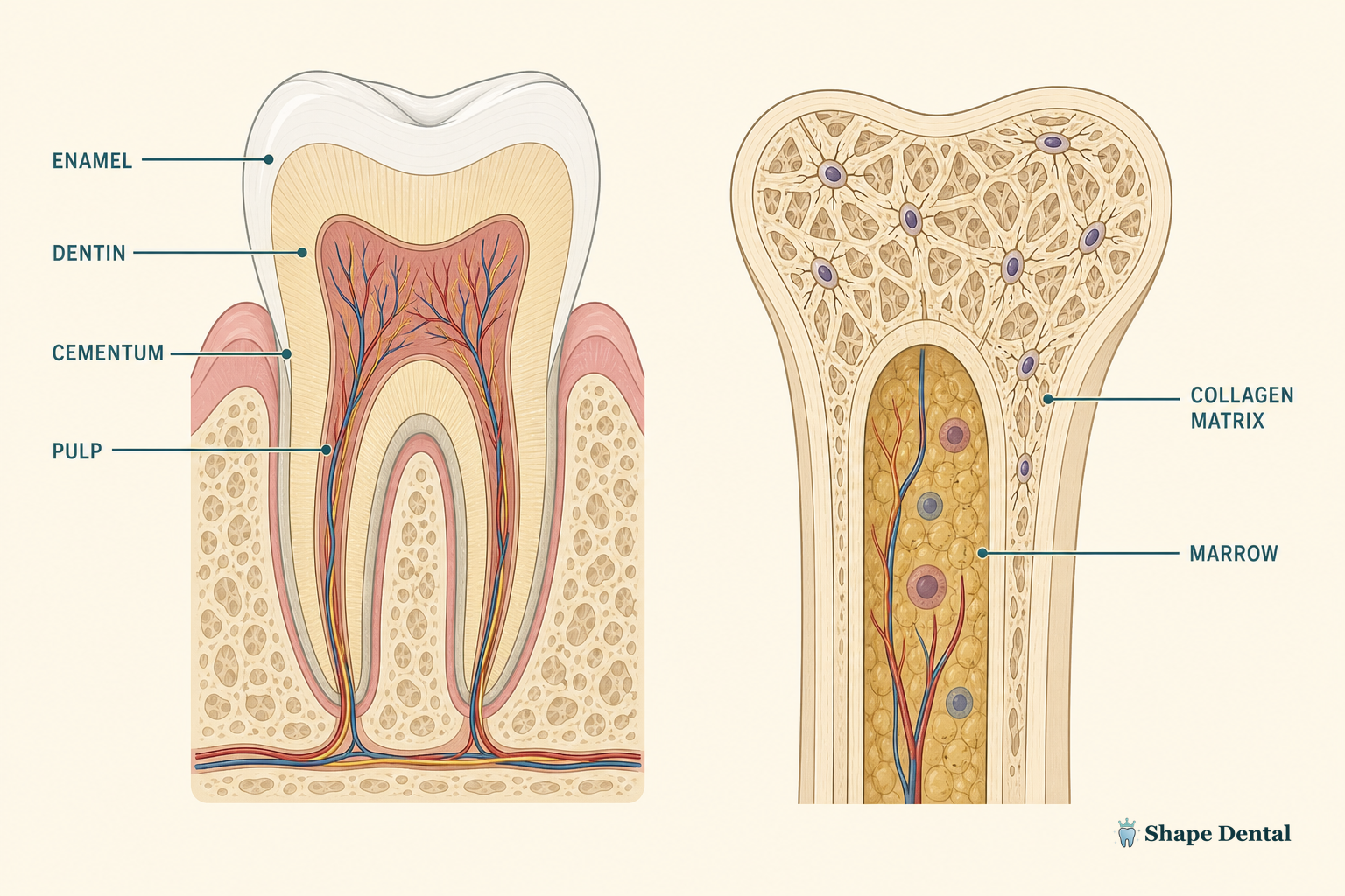 Anatomical diagram comparing tooth cross-section (enamel, dentin, cementum, pulp) and bone cross-section (collagen matrix, marrow).