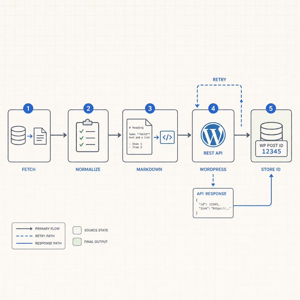 Five-step flow diagram from fetching a blog record to storing the returned WordPress post ID after the API call.