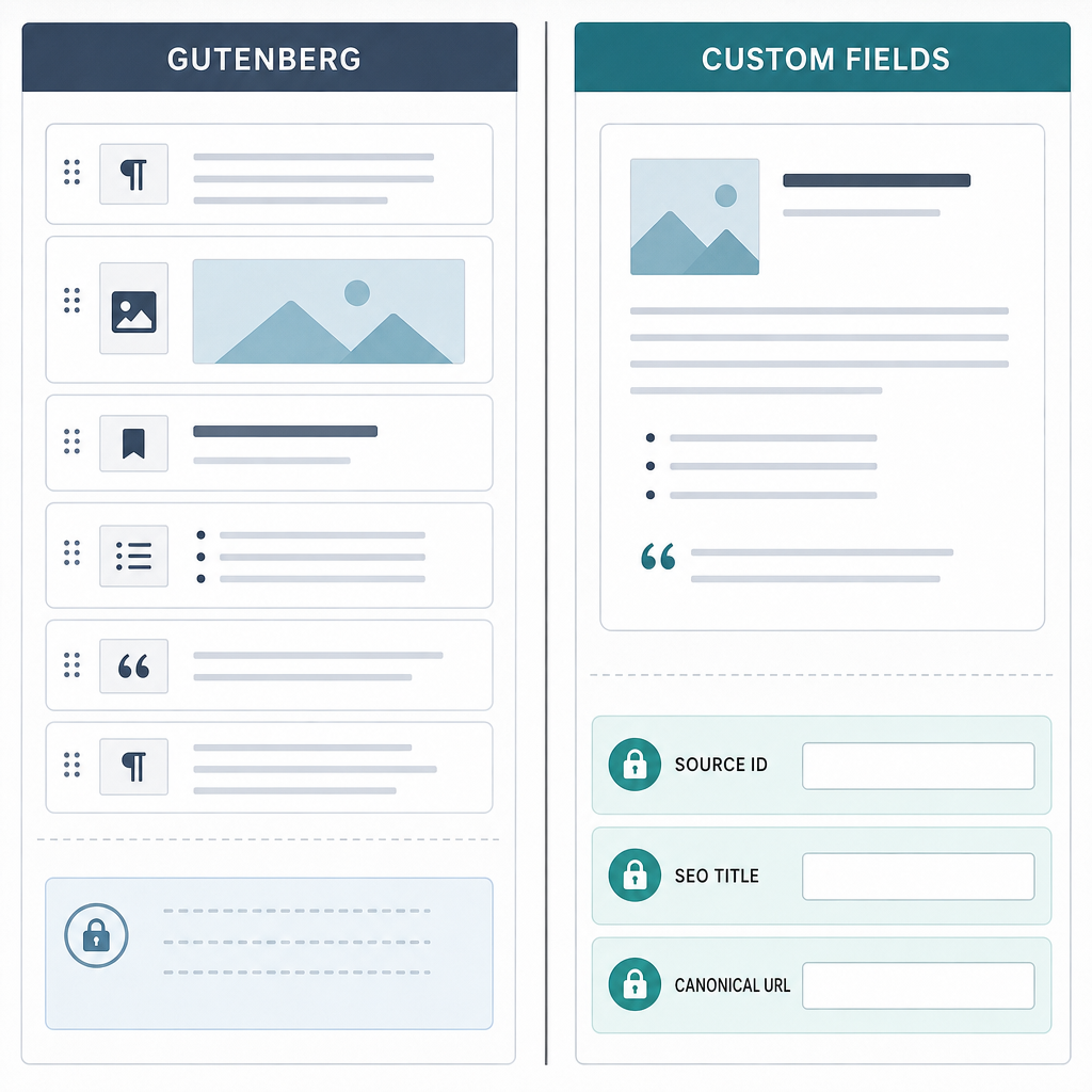 Comparison diagram separating editable Gutenberg blocks from structured custom fields like source ID, SEO title, and canonical URL.