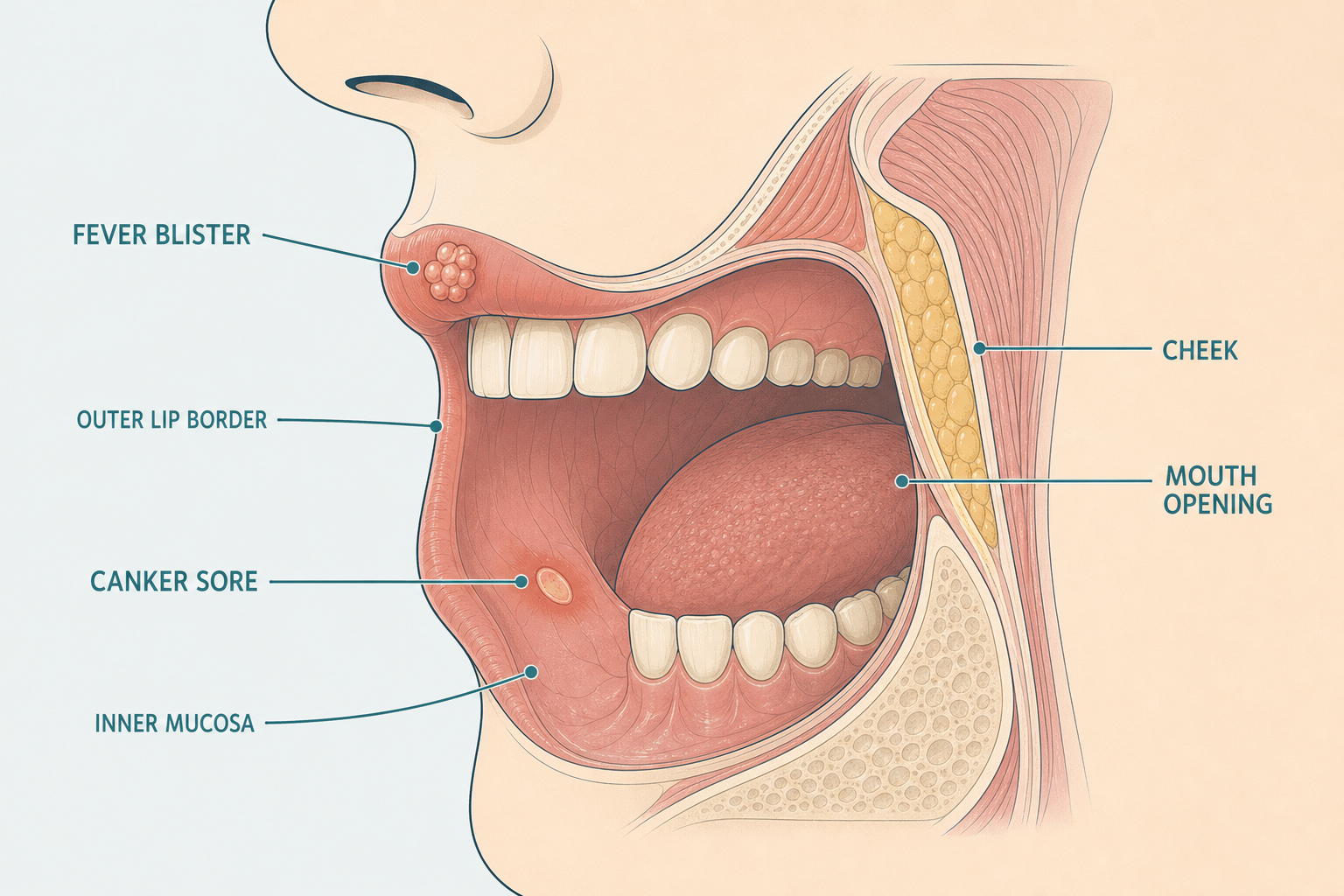 Fever Blisters vs Canker Sores: How to Tell the Difference 1 Side-view mouth diagram marking a fever blister on the outer lip border and a canker sore on the inner mucosa.