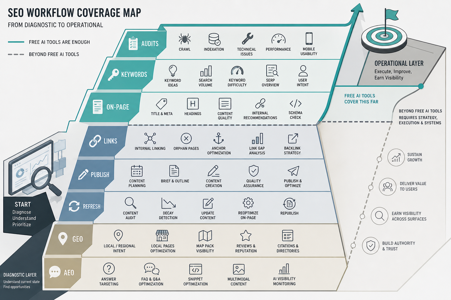 Tiered workflow map showing free AI SEO tools covering audits, keywords, and on-page checks, then stopping before links, publishing, refreshes, GEO, and AEO.