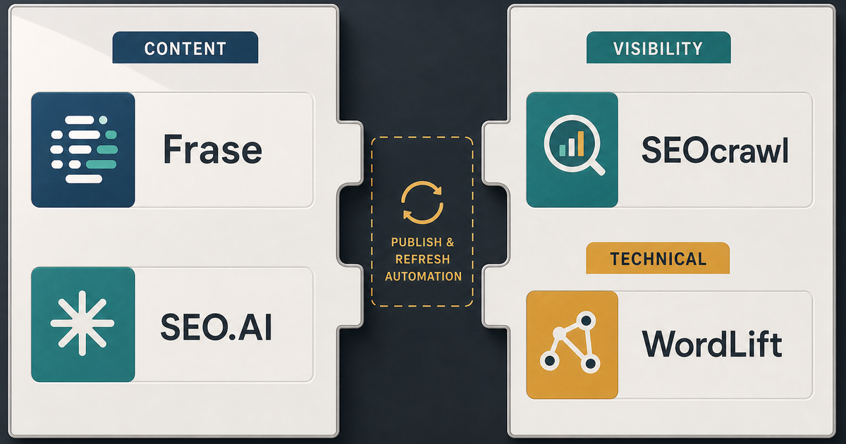 A comparison board splits free SEO tooling into content, visibility, and technical checks, with a visible gap where workflow automation should connect them.