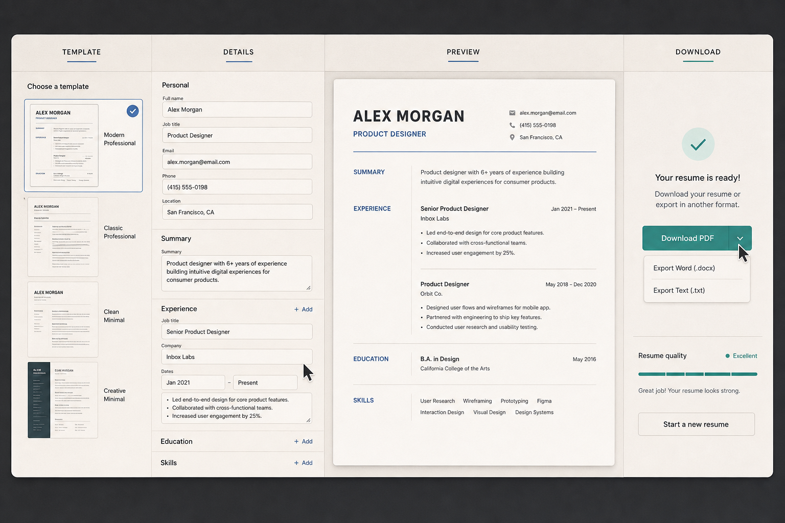 Four-step resume builder workflow showing template selection, details entry, preview, and download in one continuous interface.