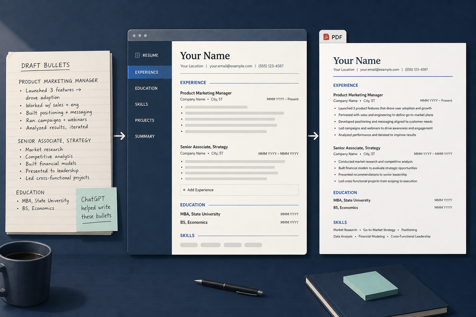 Draft resume bullets move into a resume template and end in a PDF export, showing how AI writing still needs a builder for layout.