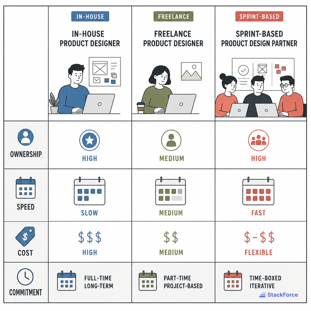 Three-column diagram comparing in-house, freelance, and sprint-based product design hiring by ownership, speed, and cost.
