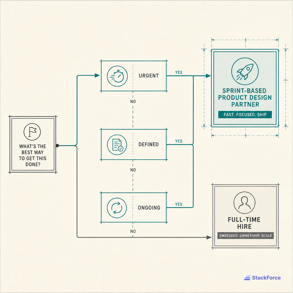 Decision-tree diagram showing when to choose a sprint-based product design partner instead of a full-time hire based on urgency and ownership.