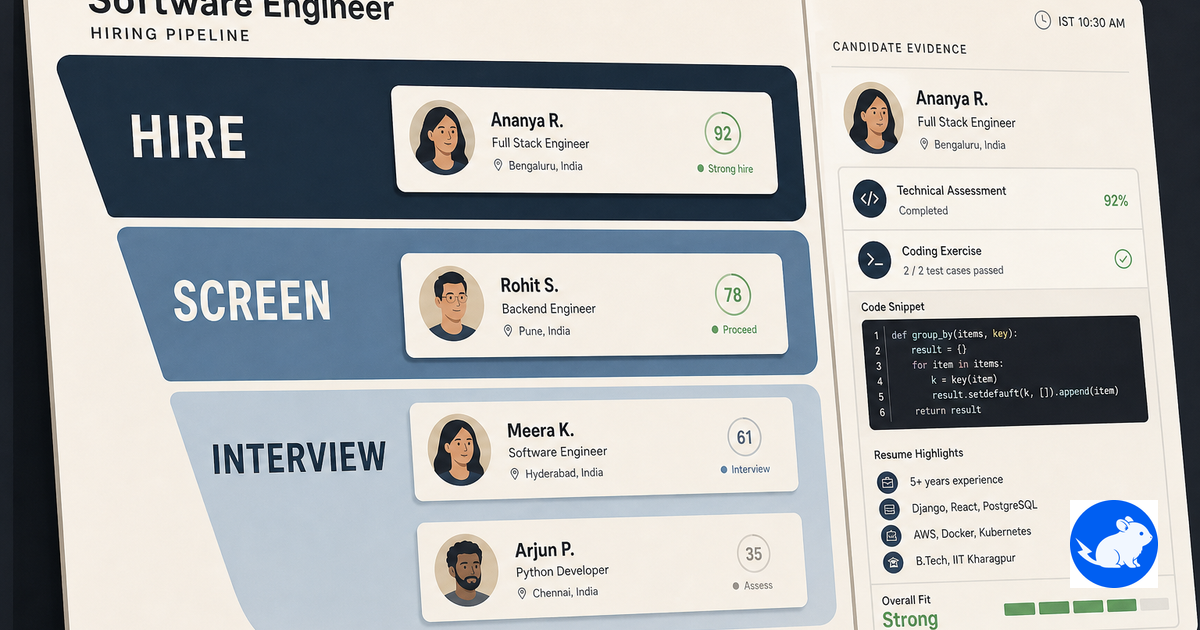 Editorial hiring board showing a software engineer hiring funnel with three stages and candidate evidence cards, matching the article’s practical playbook.