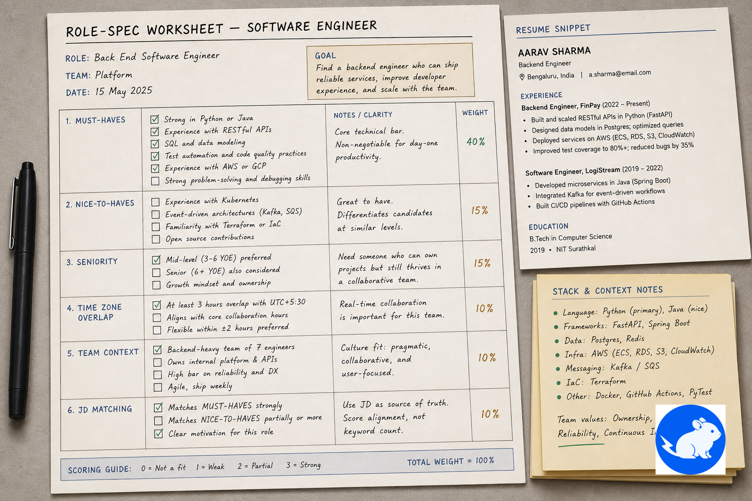 Role-spec worksheet listing must-haves, nice-to-haves, seniority, time zone overlap, team context, and JD matching for a software engineer hire.