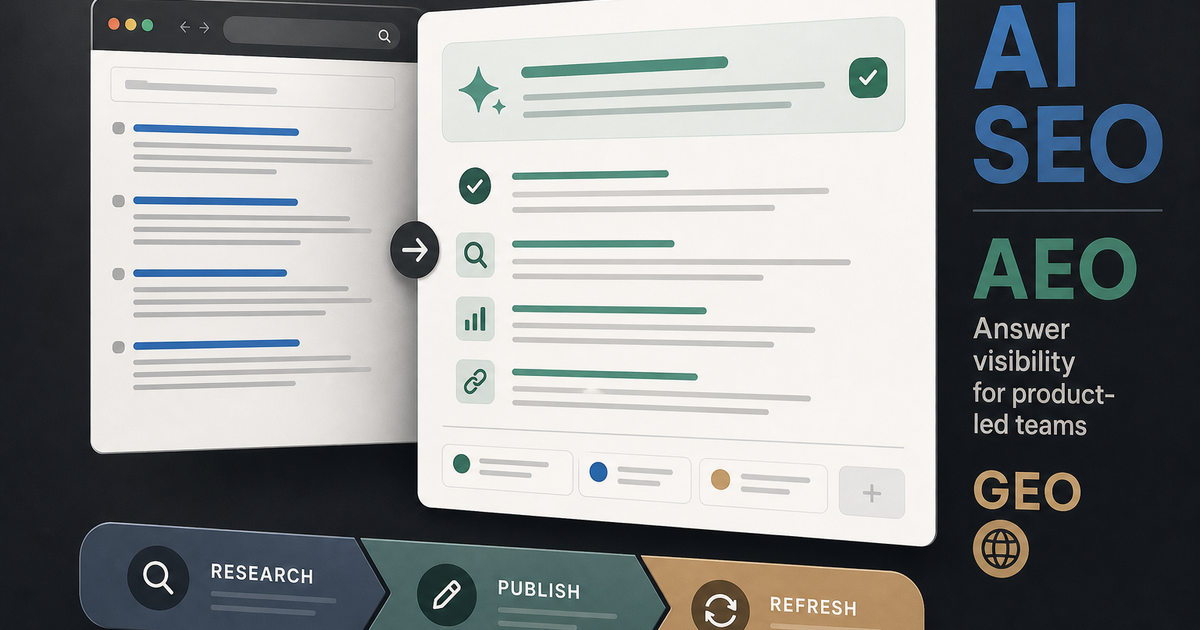 Search results and an AI overview panel sit side by side, showing the shift from blue links to answer visibility for SaaS teams.