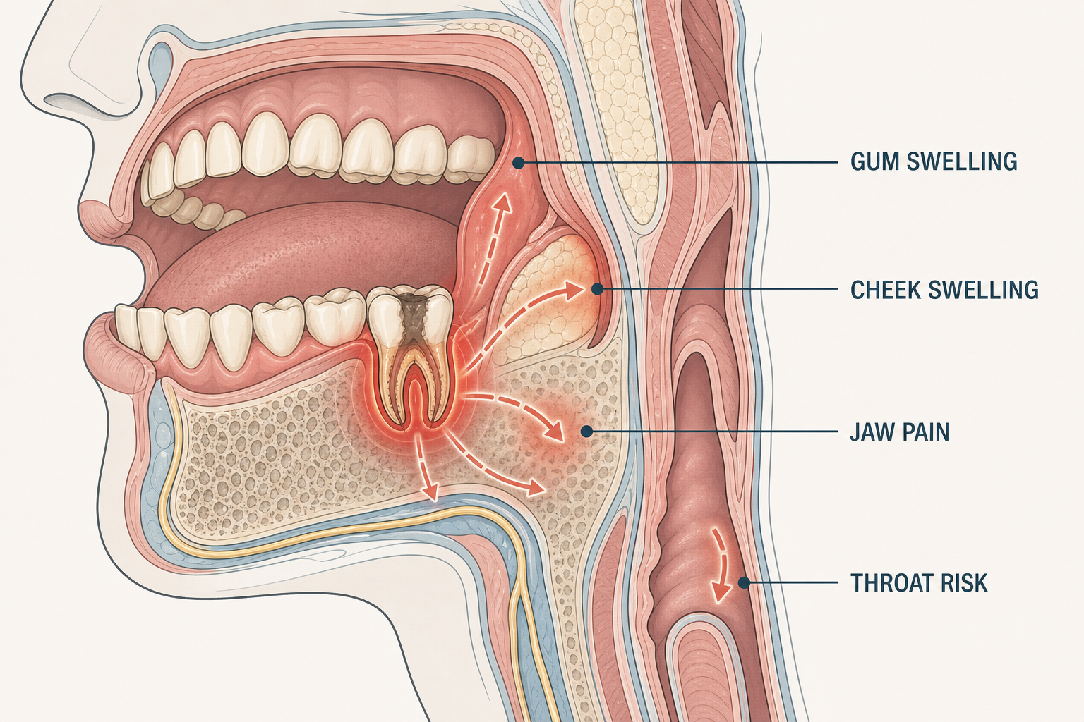 Annotated mouth diagram showing how infection can spread from a molar into the gum, cheek, jaw, and throat areas.
