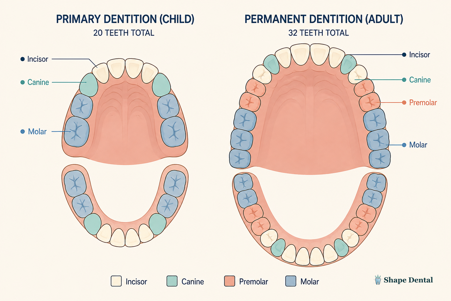 How Many Teeth Do Humans Have? Primary vs. Adult Tooth Counts 1 Top-down view of a child's dental arch with 20 primary teeth and an adult arch with 32 permanent teeth, with labeled tooth types: incisor, canine, premolar, molar.