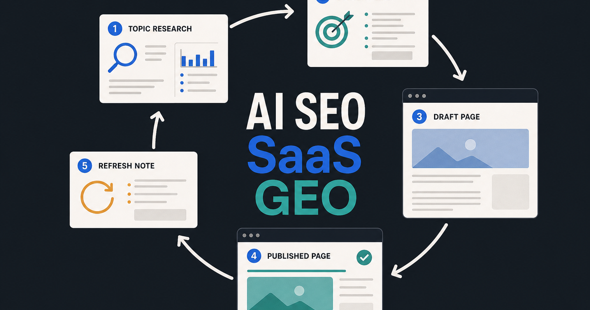 Looped workflow illustration showing research, brief, draft, publish, and refresh for a small SaaS AI SEO process.