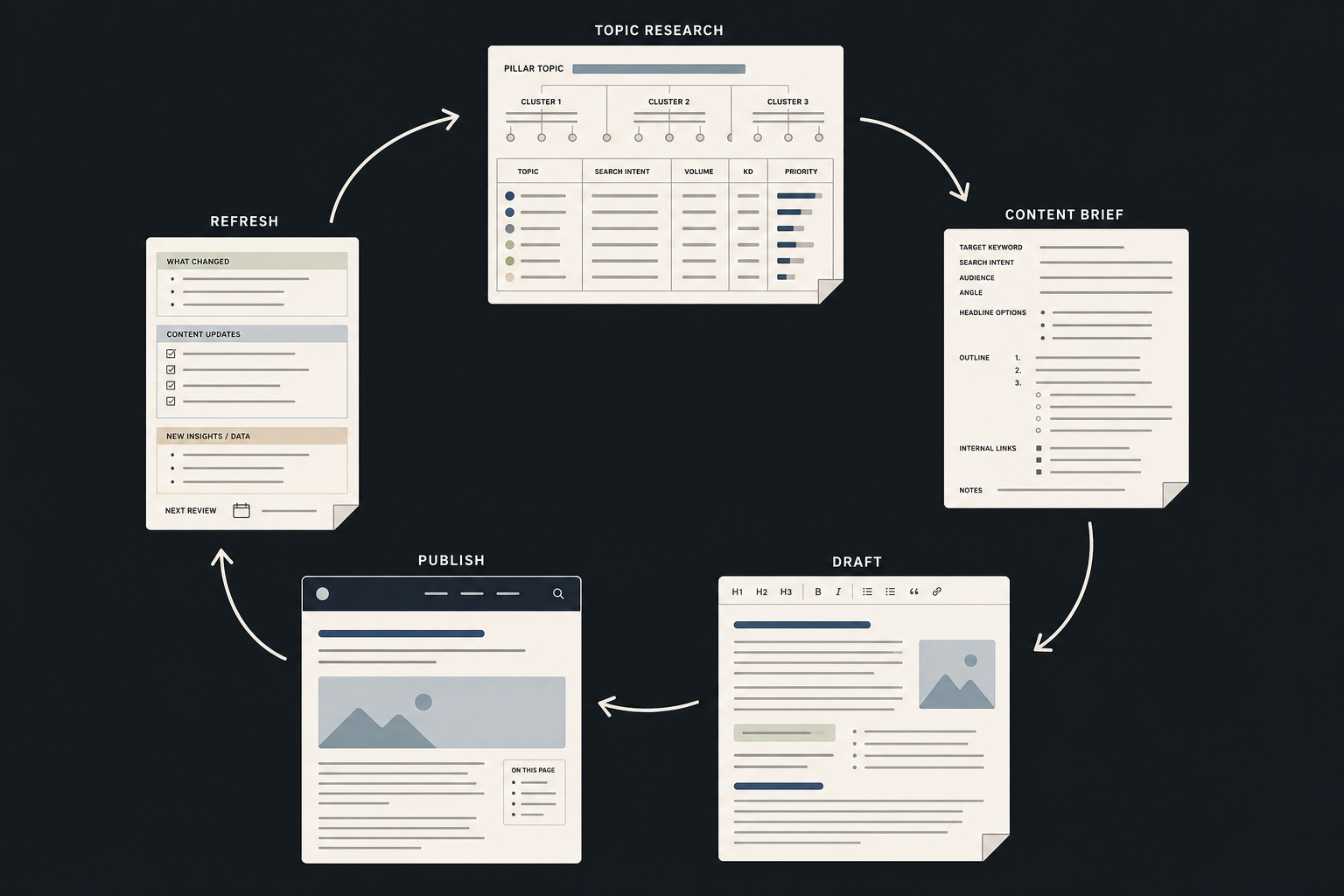 Circular process diagram with topic research, content brief, draft, publish, and refresh arranged as a repeatable SaaS workflow.
