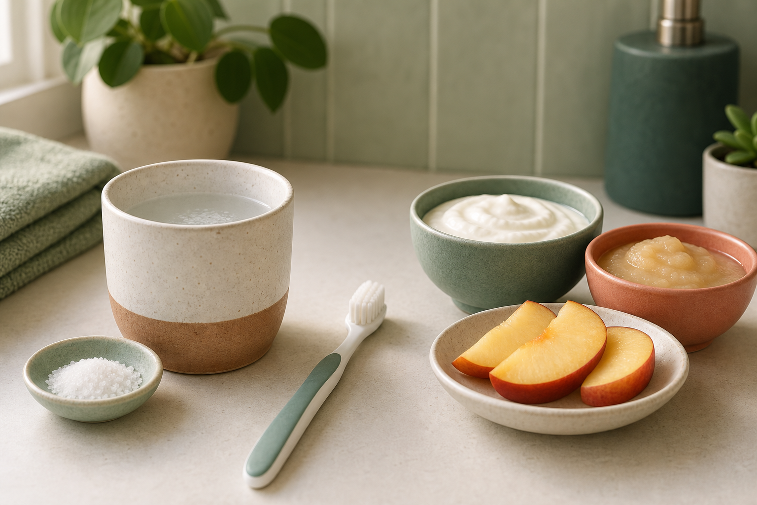 How to Get Rid of Canker Sores Safely 1 Salt-water rinse cup, soft-bristle toothbrush, and soft foods arranged on a counter to show the safest home-care routine for mouth sores.