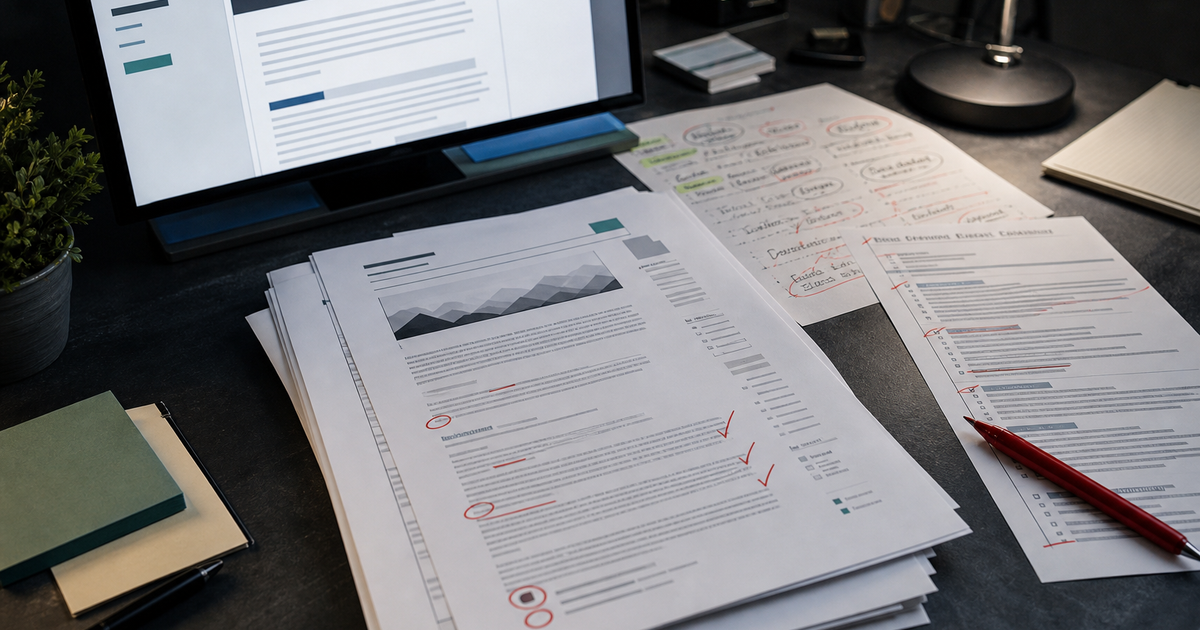 Editorial desk with a content brief, annotated outline, CMS draft, and review marks showing AI-assisted SEO workflow stages.