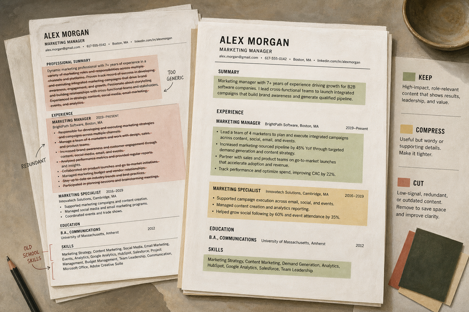 Resume edit pass showing keep, cut, and compress markers as a cluttered page is tightened into a leaner one-page layout.