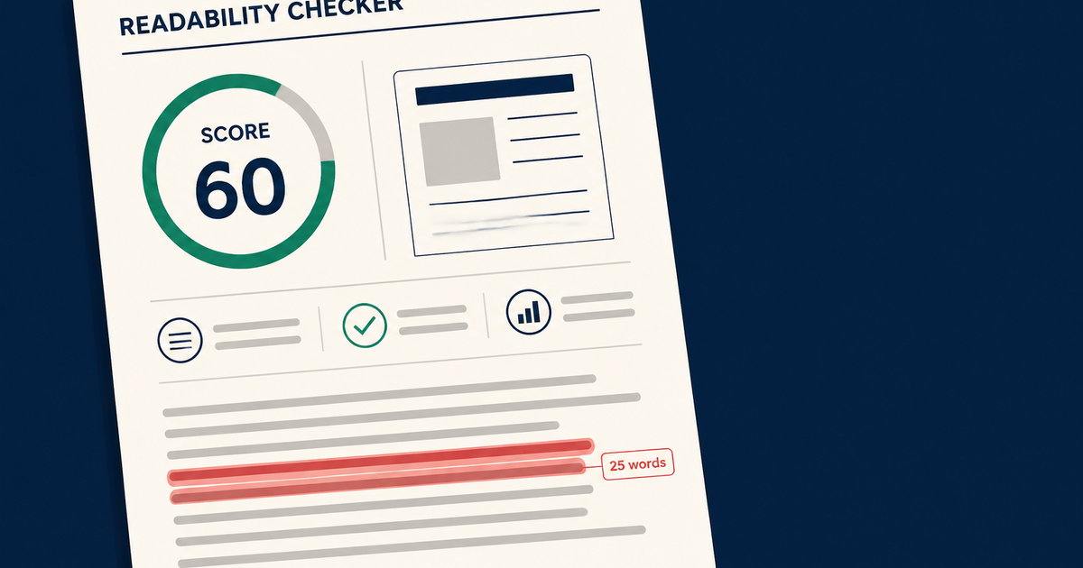 A flat editorial illustration of an article page with a circled readability score of 60 and a red-highlighted long sentence labeled 25 words, representing the pre-publish diagnostic framework.