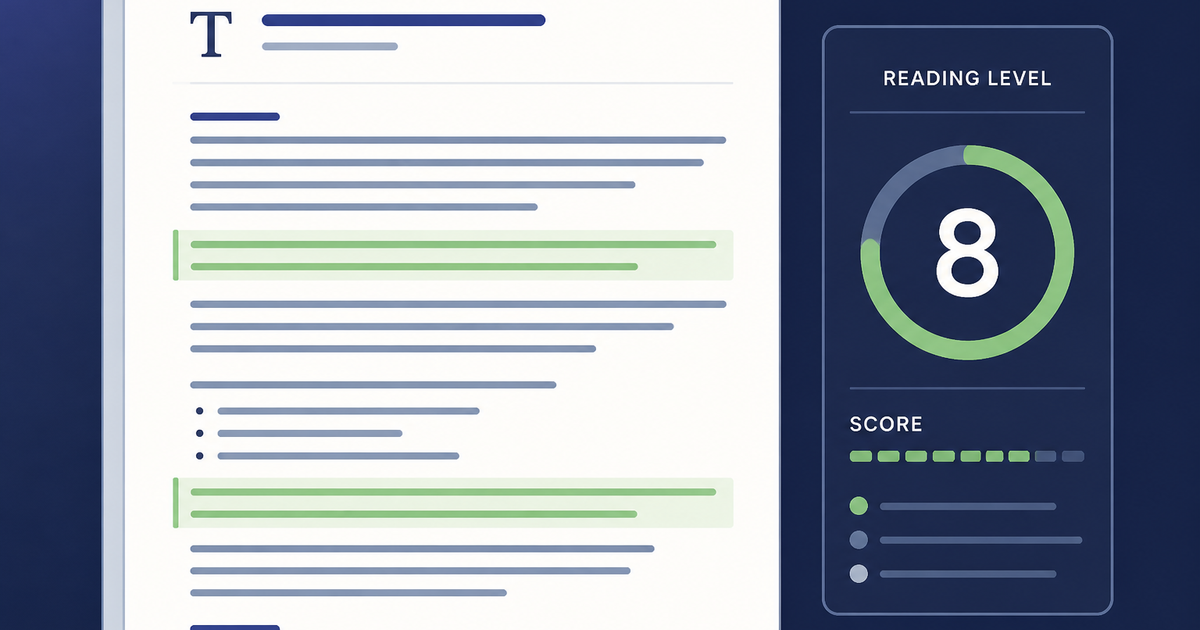 A B2B content draft beside a readability score panel showing grade level 8, representing content grading for clarity.