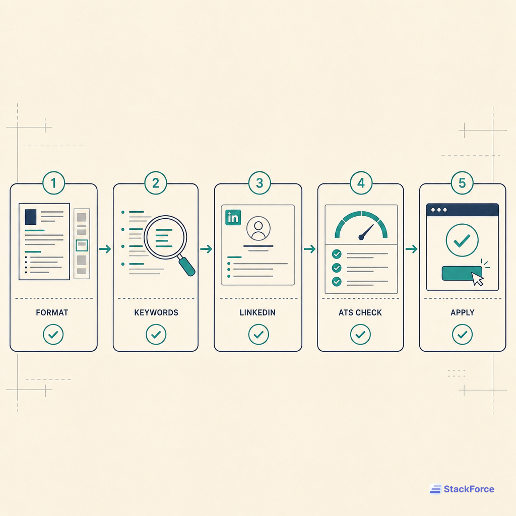 Five-step flow from resume format to keywords, LinkedIn alignment, ATS check, and apply, laid out as a shortlist prep sequence.
