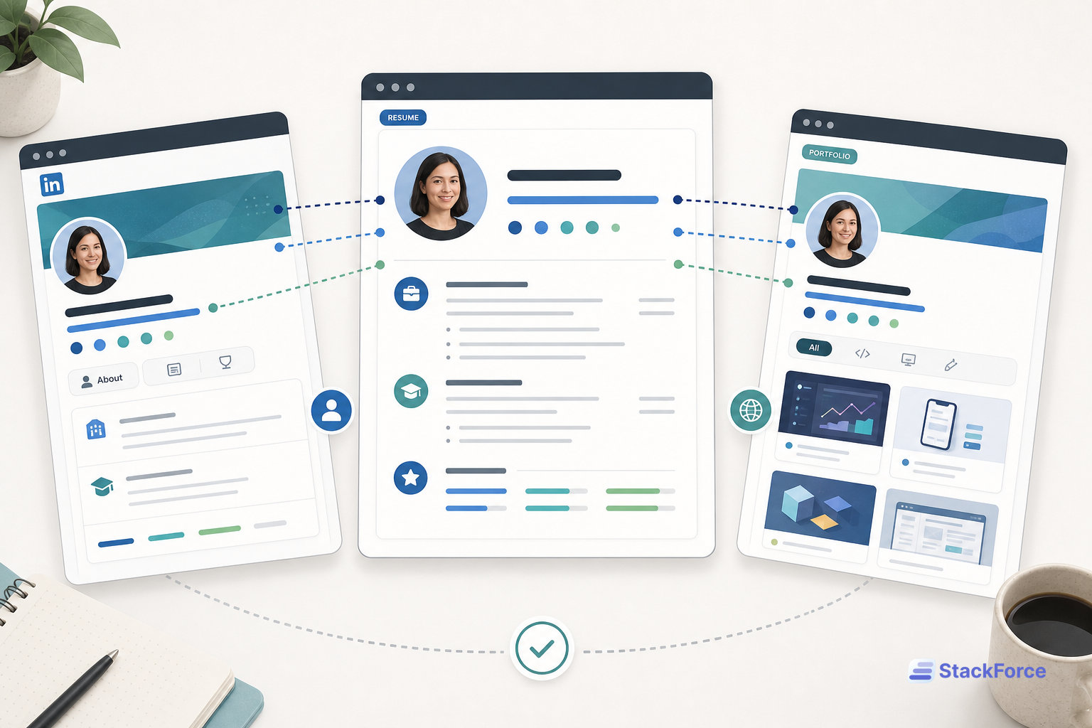 Linked resume, LinkedIn profile, and portfolio cards showing matching identity signals for public search discoverability.