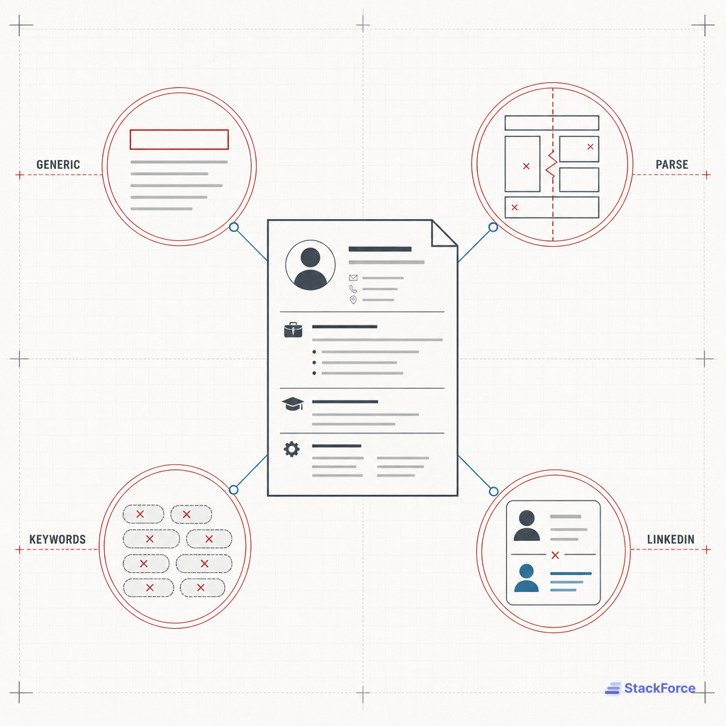 Four-node diagram showing generic content, parsing issues, weak keywords, and inconsistent LinkedIn signals as shortlisting blockers.