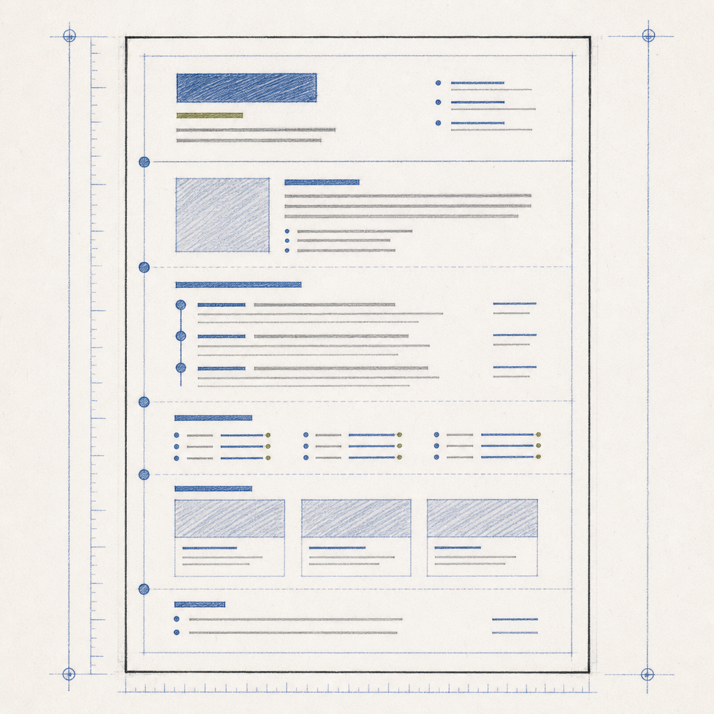 A structured resume layout diagram highlights summary, experience, skills, projects, and education in a simple hierarchy.