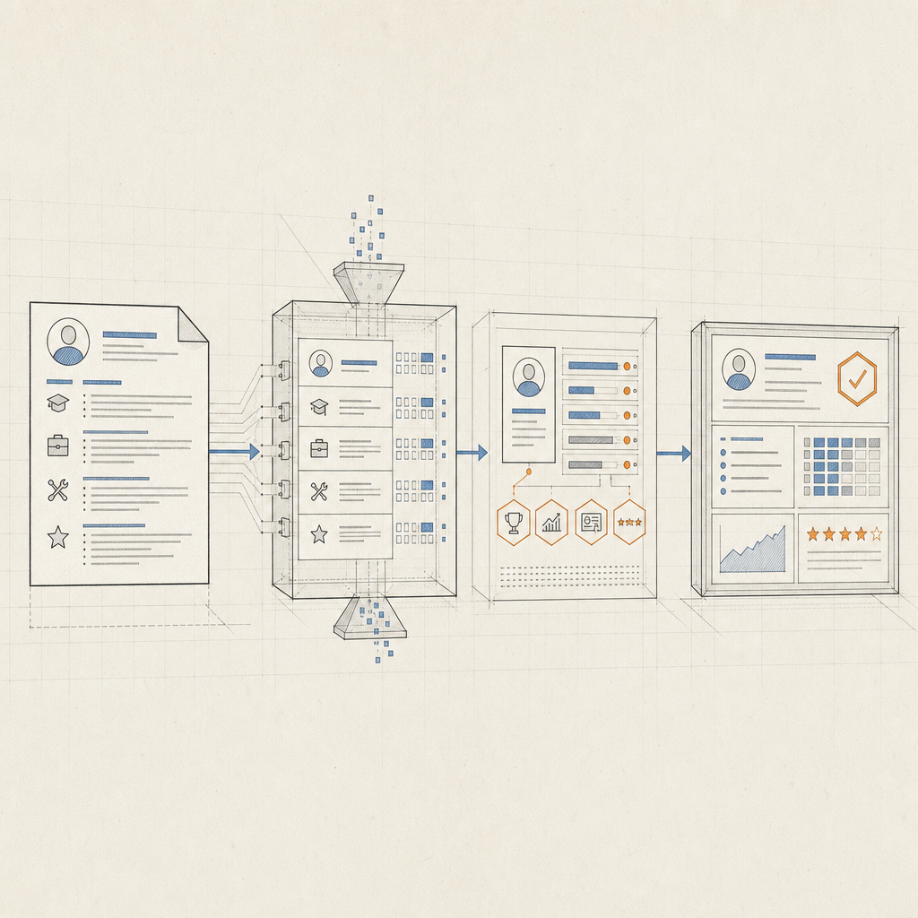 A flow diagram traces a resume through ATS parsing, recruiter screening, and hiring manager review, emphasizing proof over polish.