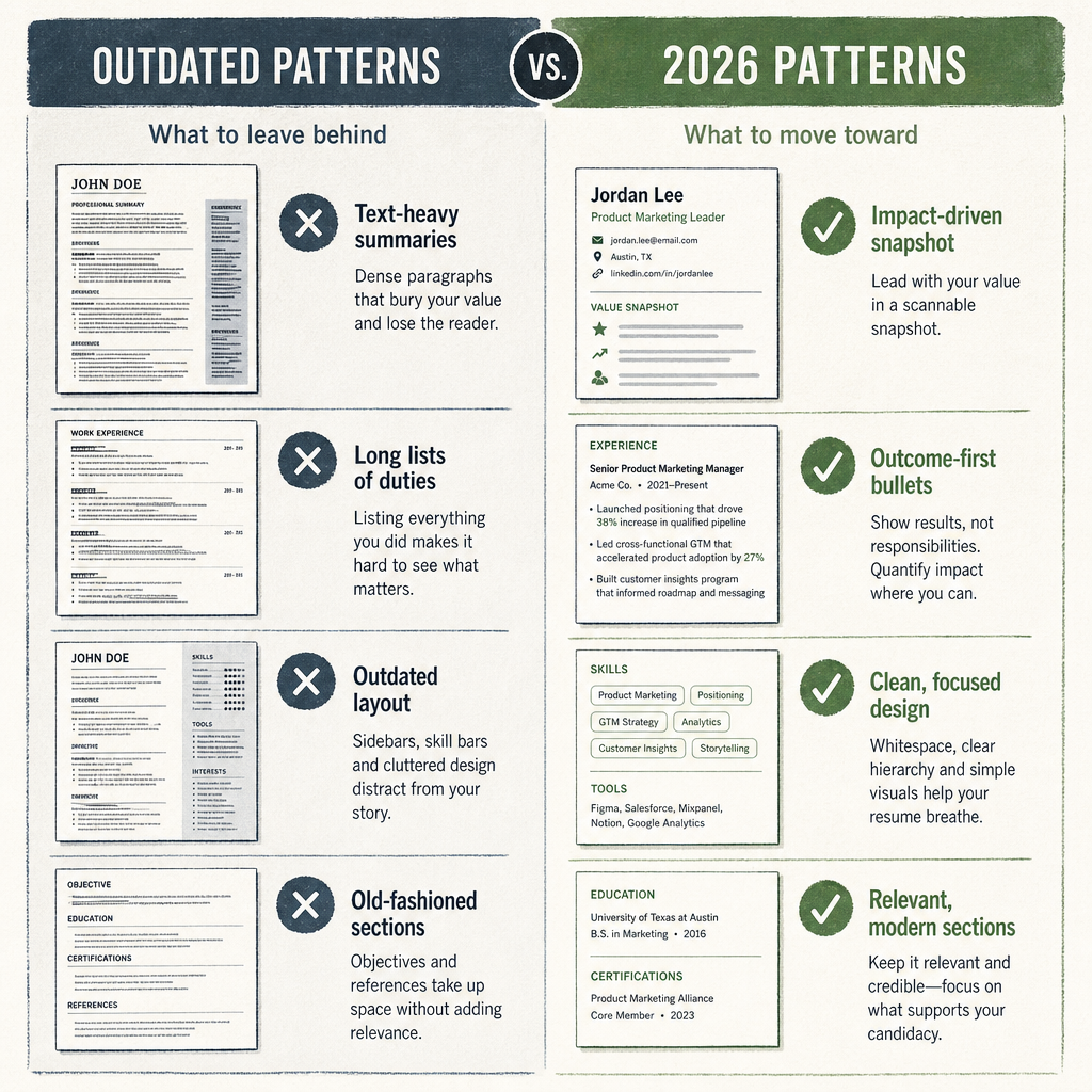 A side-by-side comparison shows cluttered older resumes next to cleaner 2026 layouts with clearer hierarchy and shorter labels.