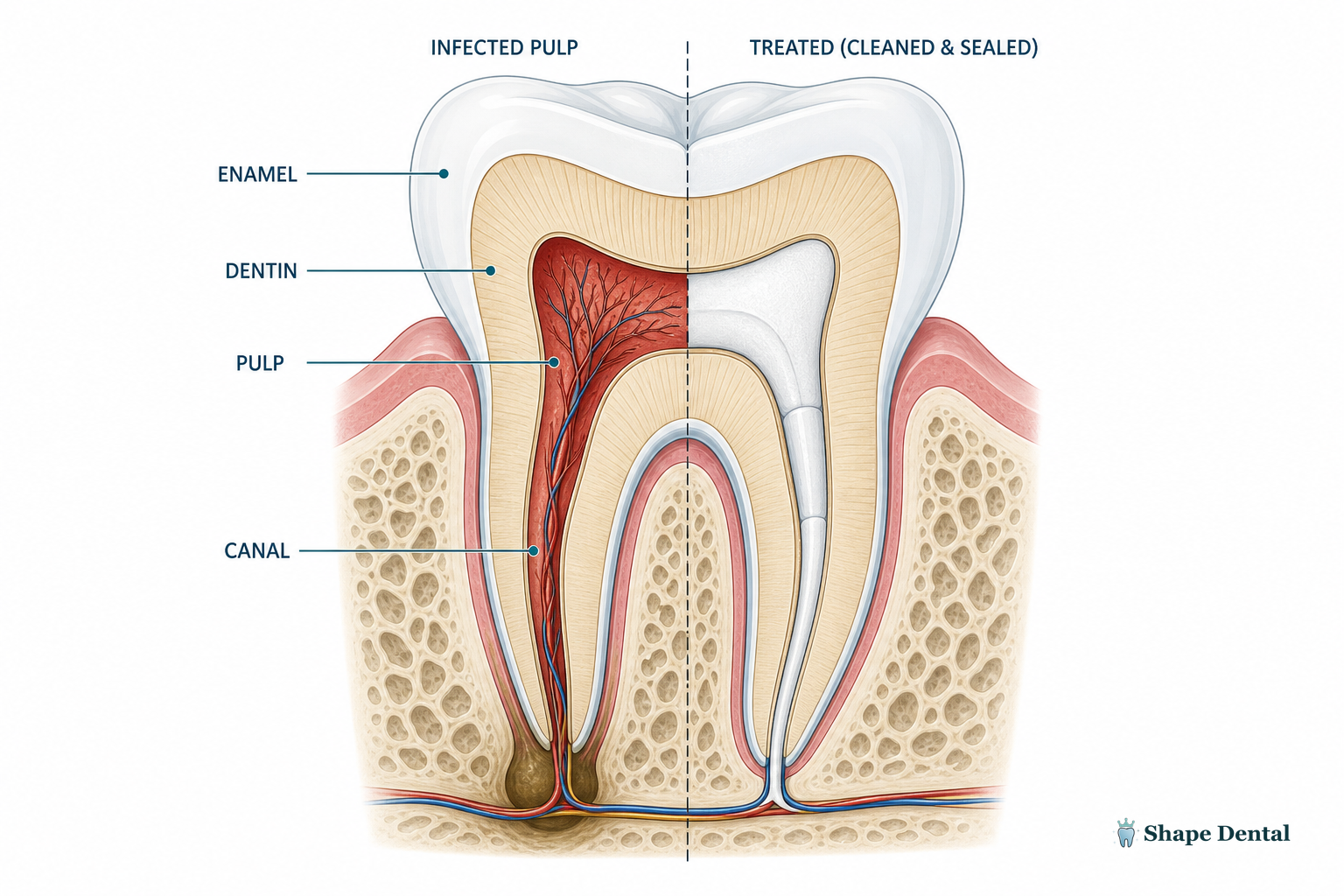 Root Canal Therapy: What Georgetown Patients Can Expect 1 Tooth cross-section diagram showing enamel, dentin, dental pulp, and canals being cleaned and sealed after infection.
