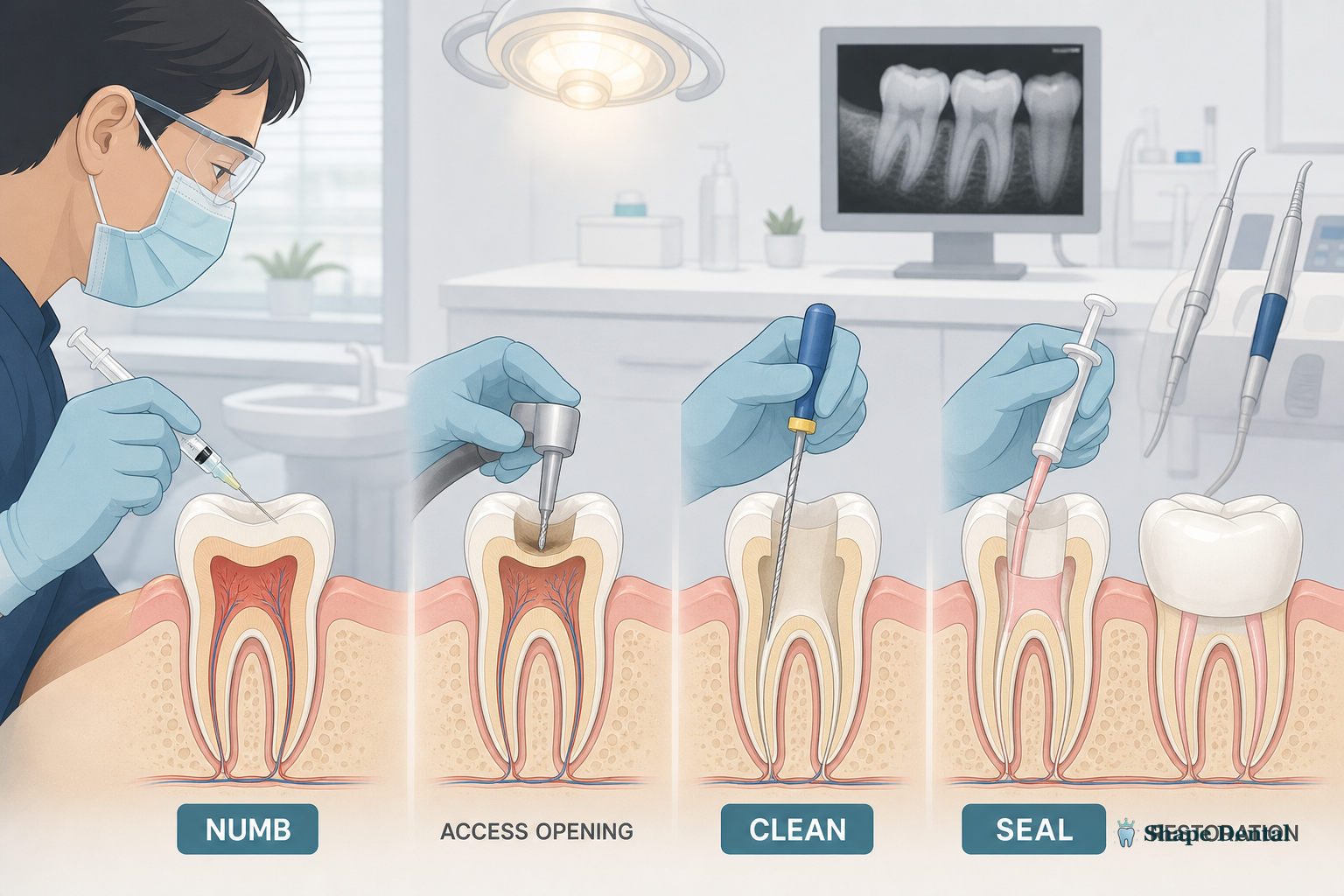 Root Canal Therapy: What Georgetown Patients Can Expect 2 Procedure graphic showing numbing, canal cleaning, and sealing in a bright operatory during root canal therapy.