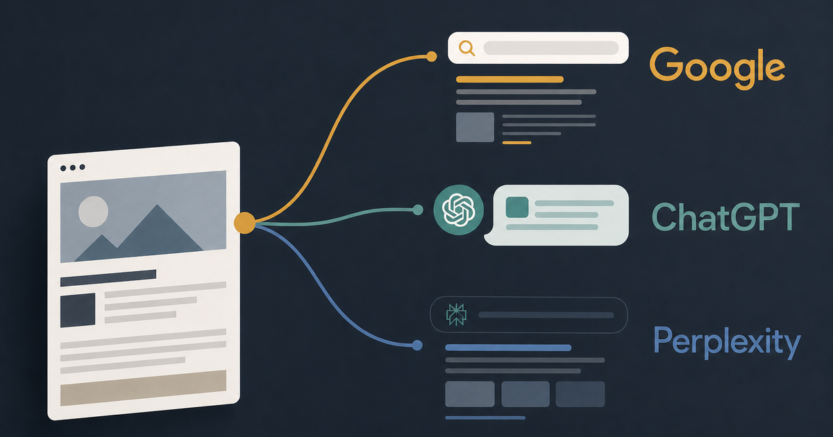 Editorial illustration of one content page feeding Google, ChatGPT, and Perplexity, showing three different answer surfaces from the same source.
