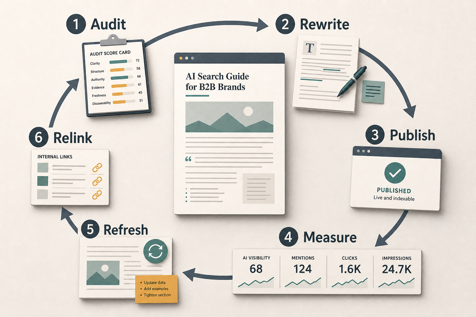 Workflow diagram with the steps Audit, Rewrite, Publish, Measure, Refresh, and Relink arranged as a loop for AI search optimisation.