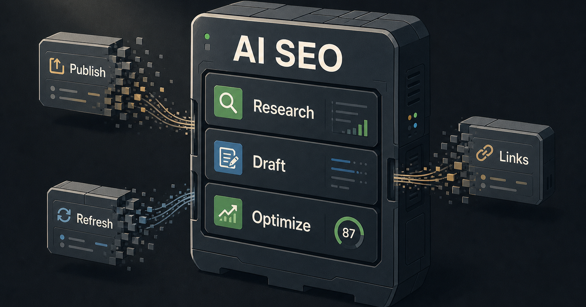 Modular AI SEO platform absorbing research, draft, and optimize modules while publish, refresh, and links fade out around it.
