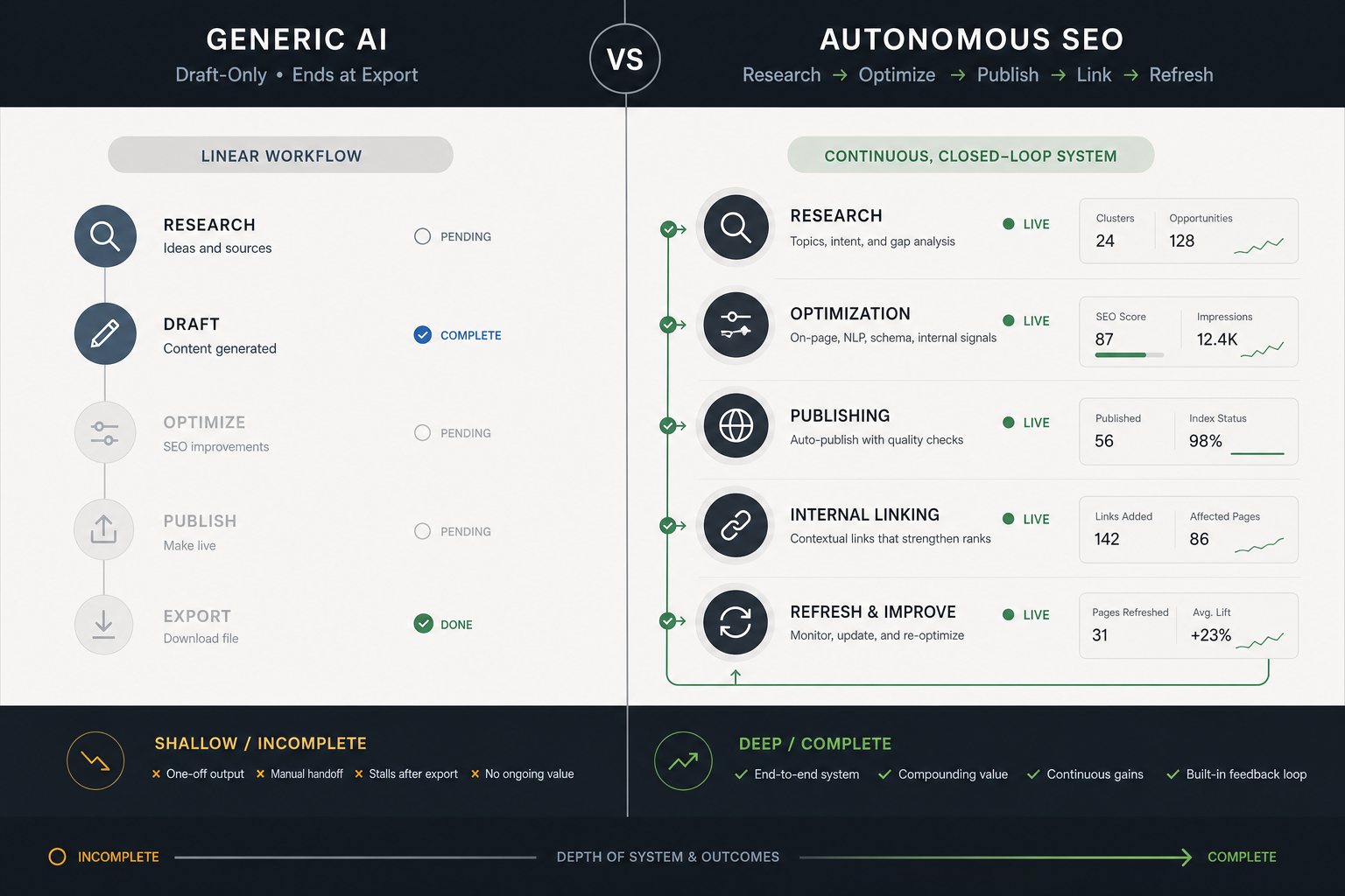 Split comparison of a generic AI tool ending at export and an autonomous SEO system running research, optimization, publishing, linking, and refreshes.