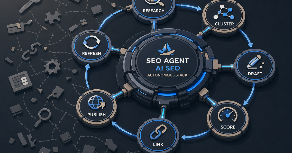 Connected SEO workflow replacing scattered tools, with research, drafting, linking, publishing, and refresh stages shown around one core.