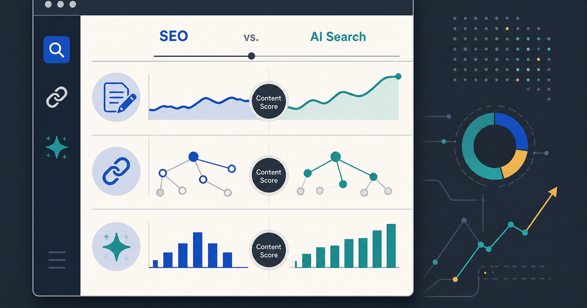 A SaaS-style software window compares content optimization, internal linking, and AI visibility for choosing SEO tools.