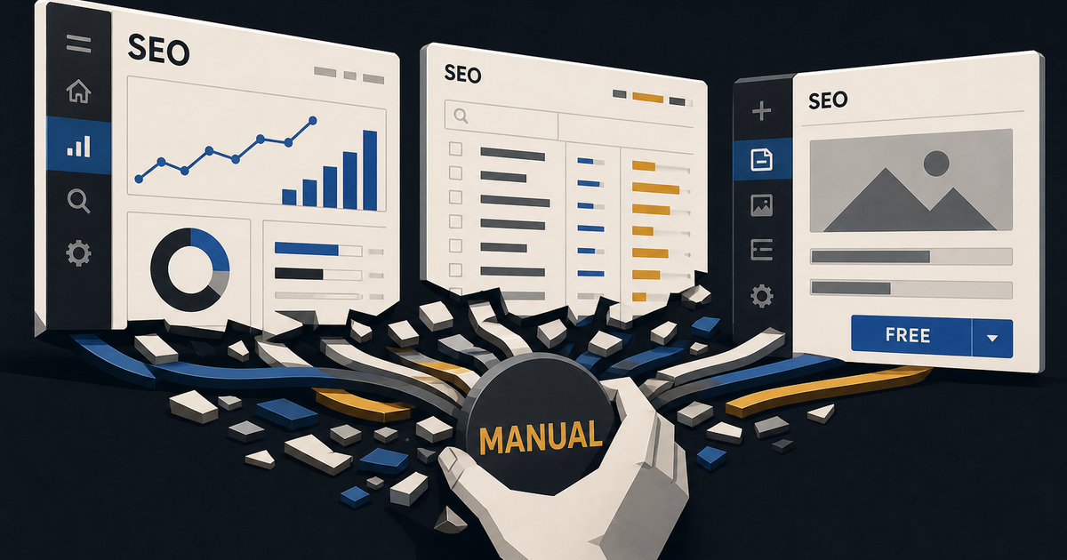 Fragmented SEO tool panels feed into a manual bottleneck, showing why free tools still leave teams stitching workflows together.
