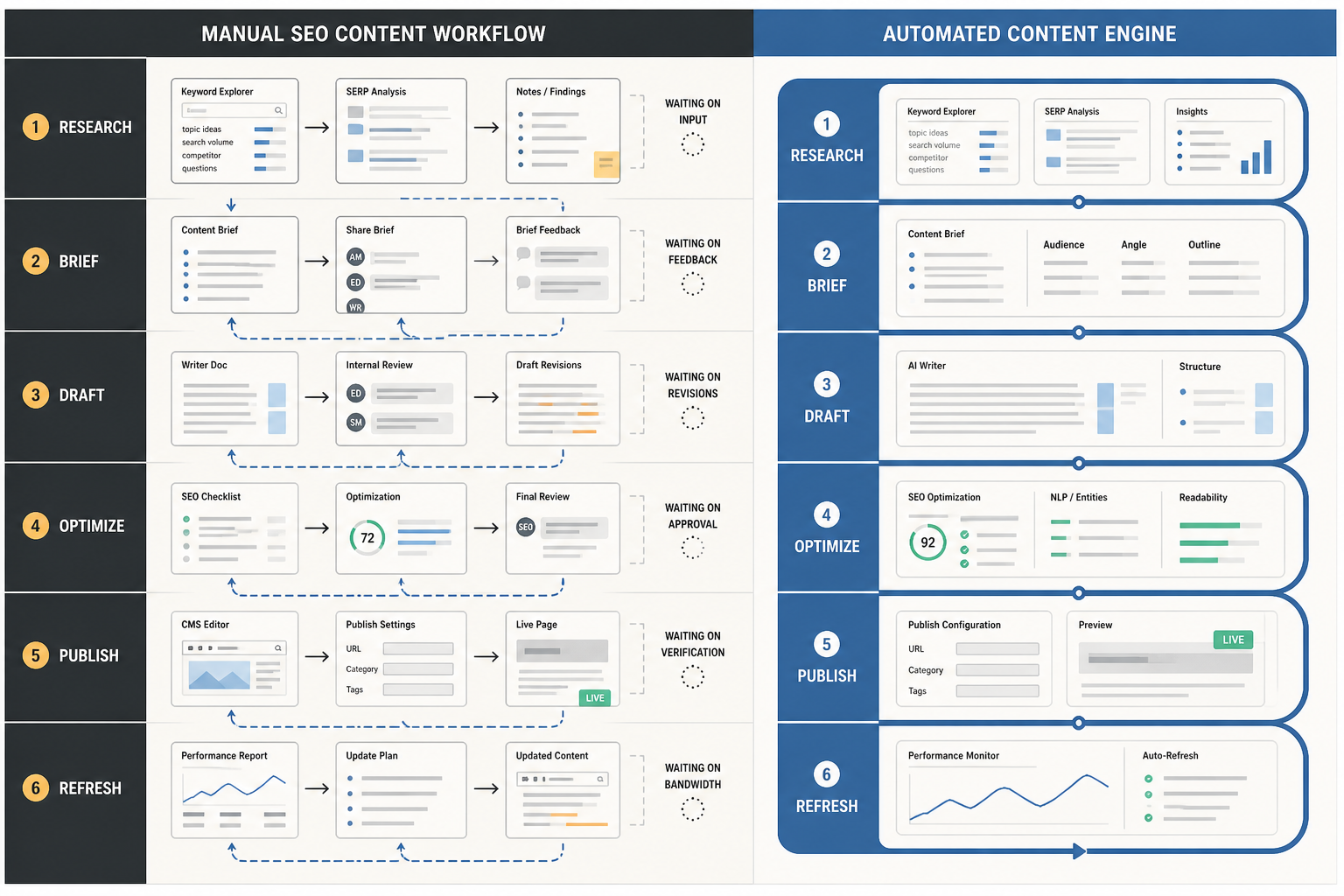A side-by-side workflow diagram shows six manual SEO stages with gaps versus one continuous automated content pipeline.