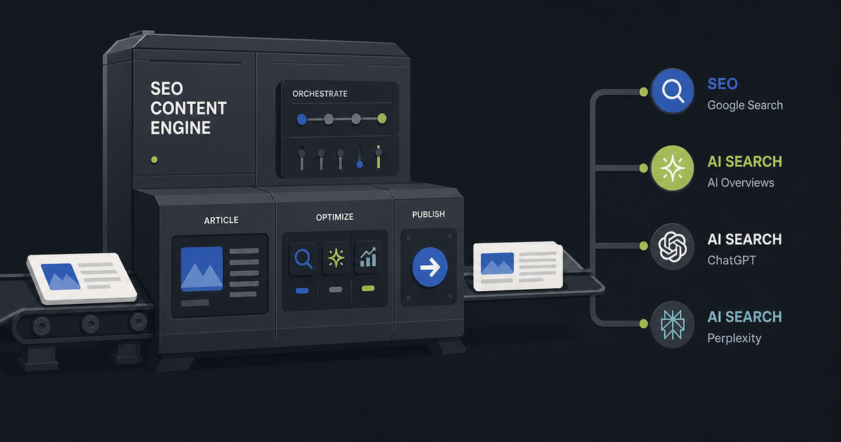 Modular SEO content engine moving from research to publish, with Google Search, AI Overviews, ChatGPT, and Perplexity as output destinations.