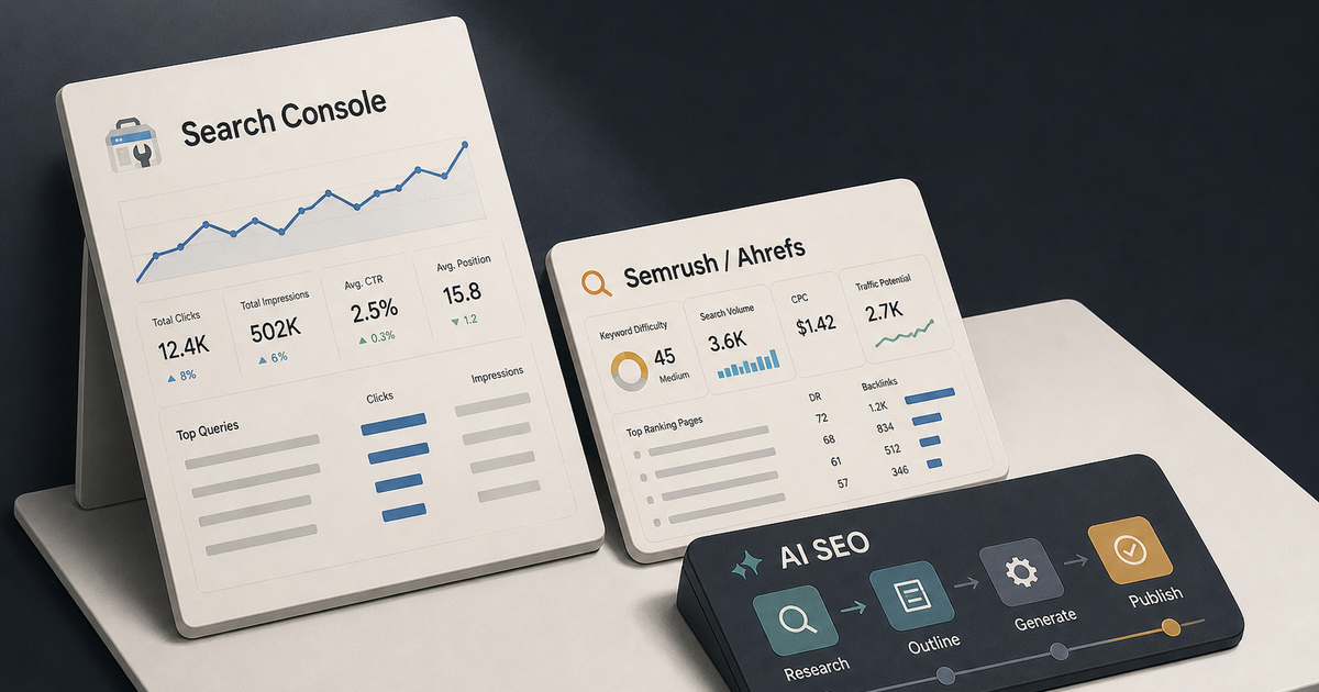 Three labeled cards on a dark tabletop show Search Console, Semrush or Ahrefs, and AI SEO as the main layers of a lean SaaS stack.