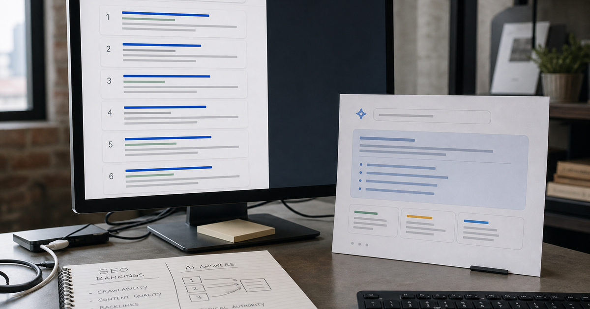Split desk scene contrasts ranked search results on one screen with an AI answer card on the other, matching the article’s comparison of visibility systems.