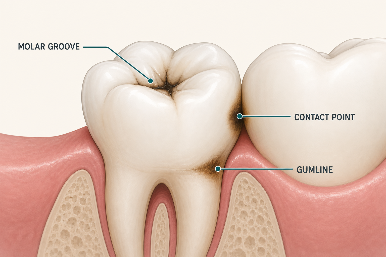 What Dental Caries Look Like Before They Hurt 2 Diagram of a tooth marking the molar groove, contact point, and gumline where early decay often hides.