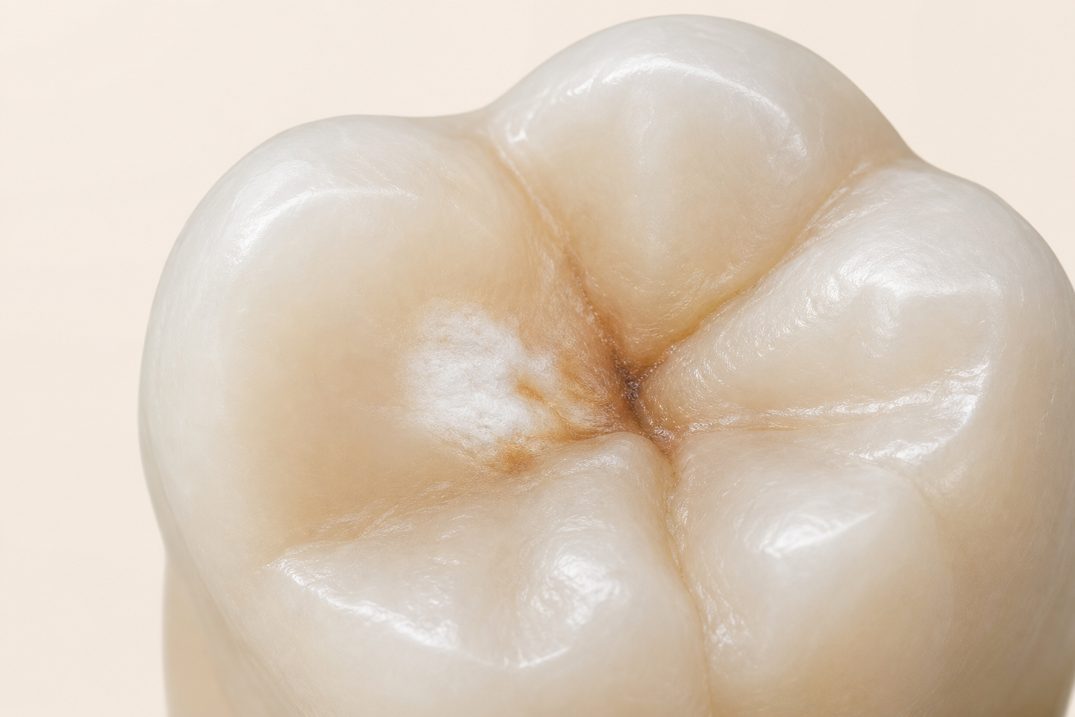 What Do Cavities Look Like? Early Signs to Spot 1 Molar surface with intact enamel, a chalky white lesion, and a faint brown patch in a groove where early decay can hide.