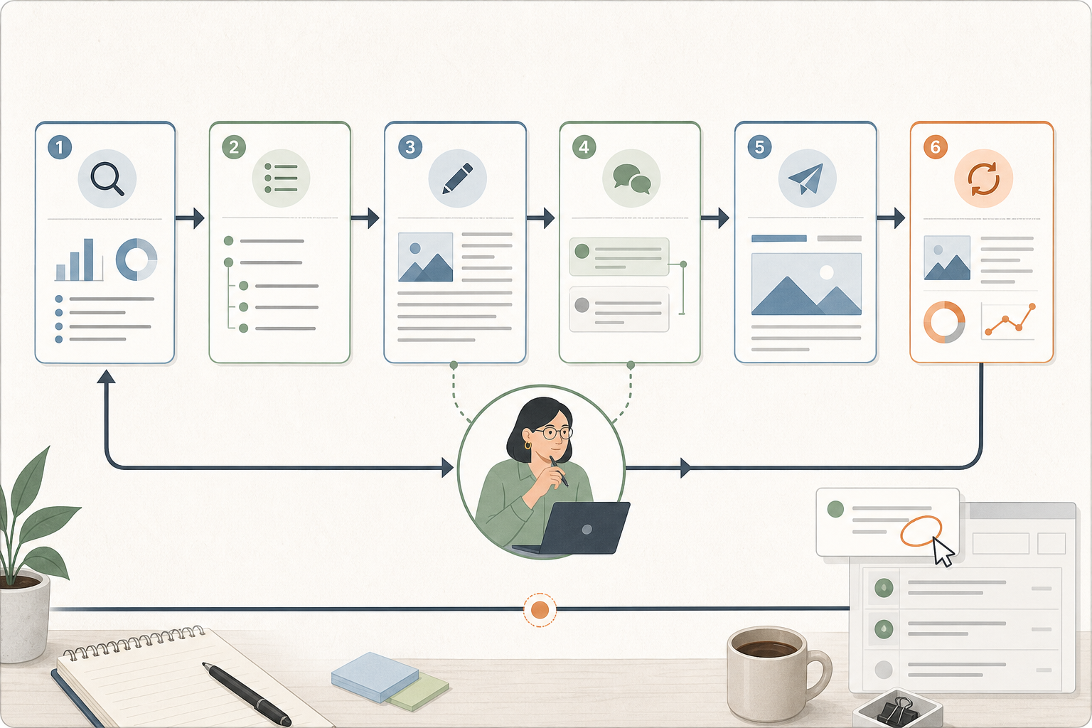 Content workflow loop with research, outline, draft, review, publish, and refresh stages, with human review at the center.