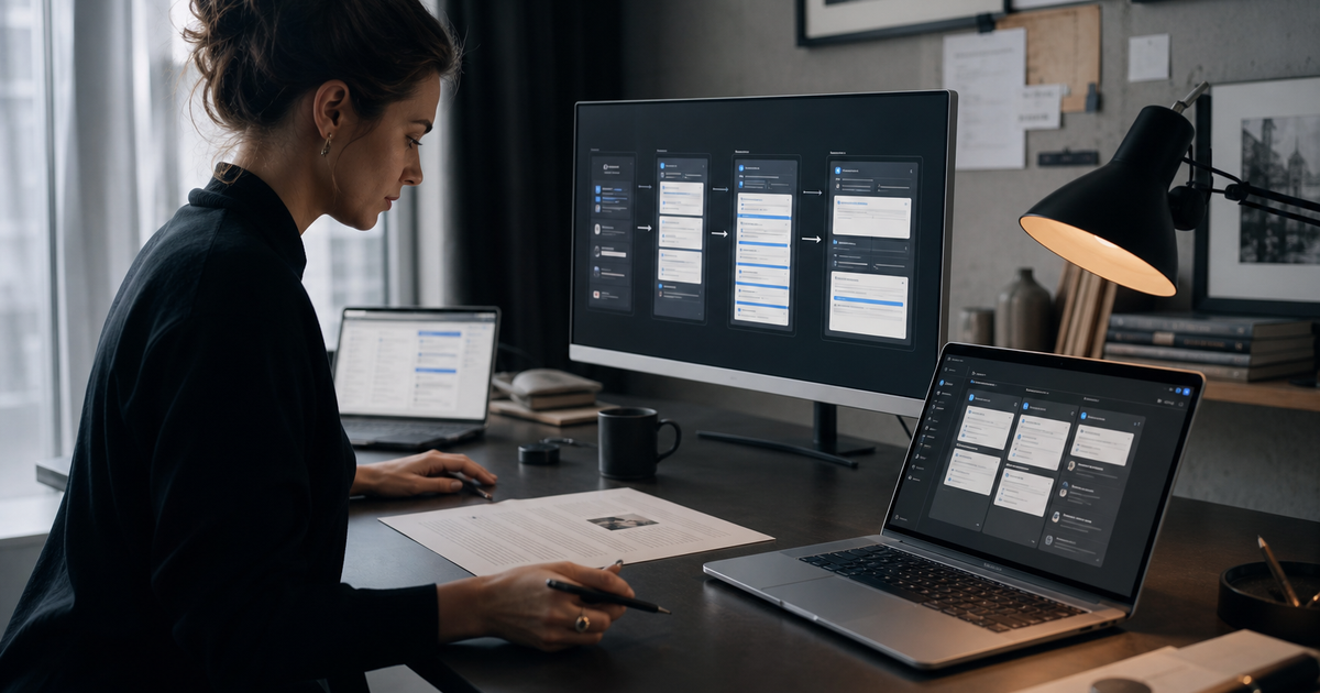 Focused content lead at a desk with an SEO workflow board beside a draft, linking Google Search, AI Overviews, ChatGPT, and Perplexity.