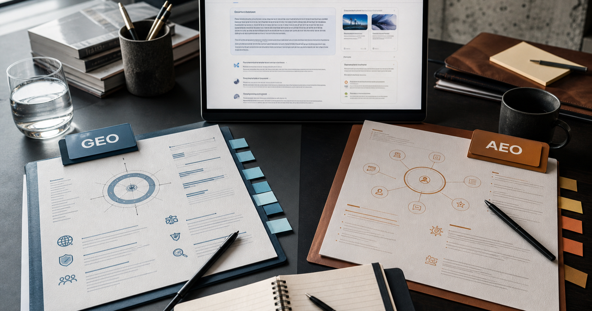 Split desktop scene comparing GEO and AEO notes around a browser view of AI Overviews-style search results.